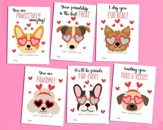 6 different dog valentine cards featuring adorable dogs with cute Valentine’s Day messages.