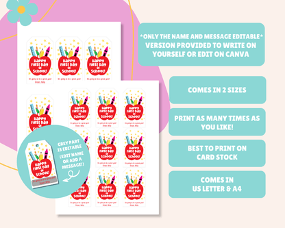 EDITABLE First Day Of School Gift Tag
