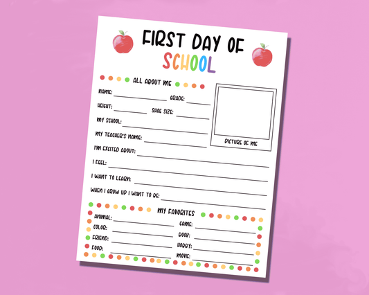 First Day Of School Questionnaire