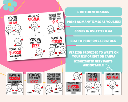 Instruction page for Editable Slang Valentine Gift Tags. Notes include: "Only name is editable," "Version provided to write name yourself or edit on Canva," "Comes in 2 sizes," "Best to print on card stock," and "Comes in US Letter & A4."