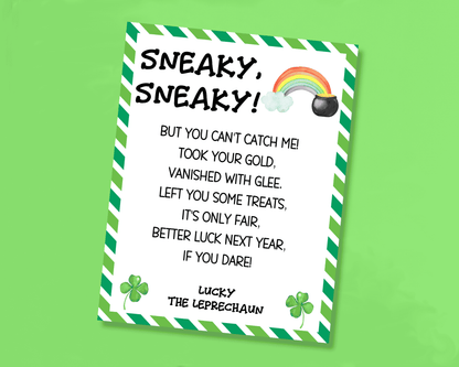 Leprechaun letter with a rainbow and pot of gold, featuring the message "You couldn't catch me, but better luck next year