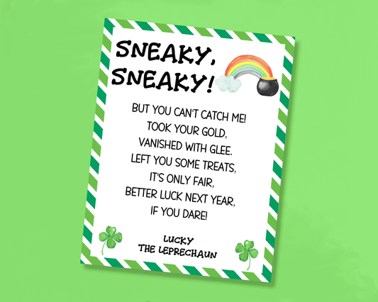 Leprechaun letter with a rainbow and pot of gold, featuring the message "You couldn't catch me, but better luck next year