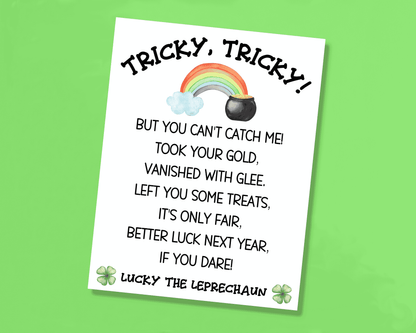 Leprechaun letter with a rainbow and pot of gold, featuring the message "You couldn't catch me, but better luck next year