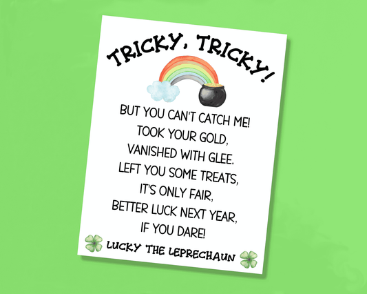 Leprechaun letter with a rainbow and pot of gold, featuring the message "You couldn't catch me, but better luck next year