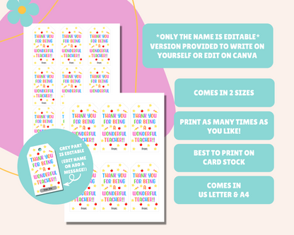 EDITABLE Teacher Appreciation Gift Tag